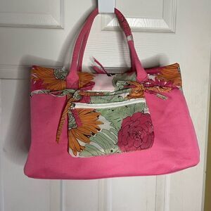NWOT Caribbean Joe hot pink canvas with tropical prints beach tote .